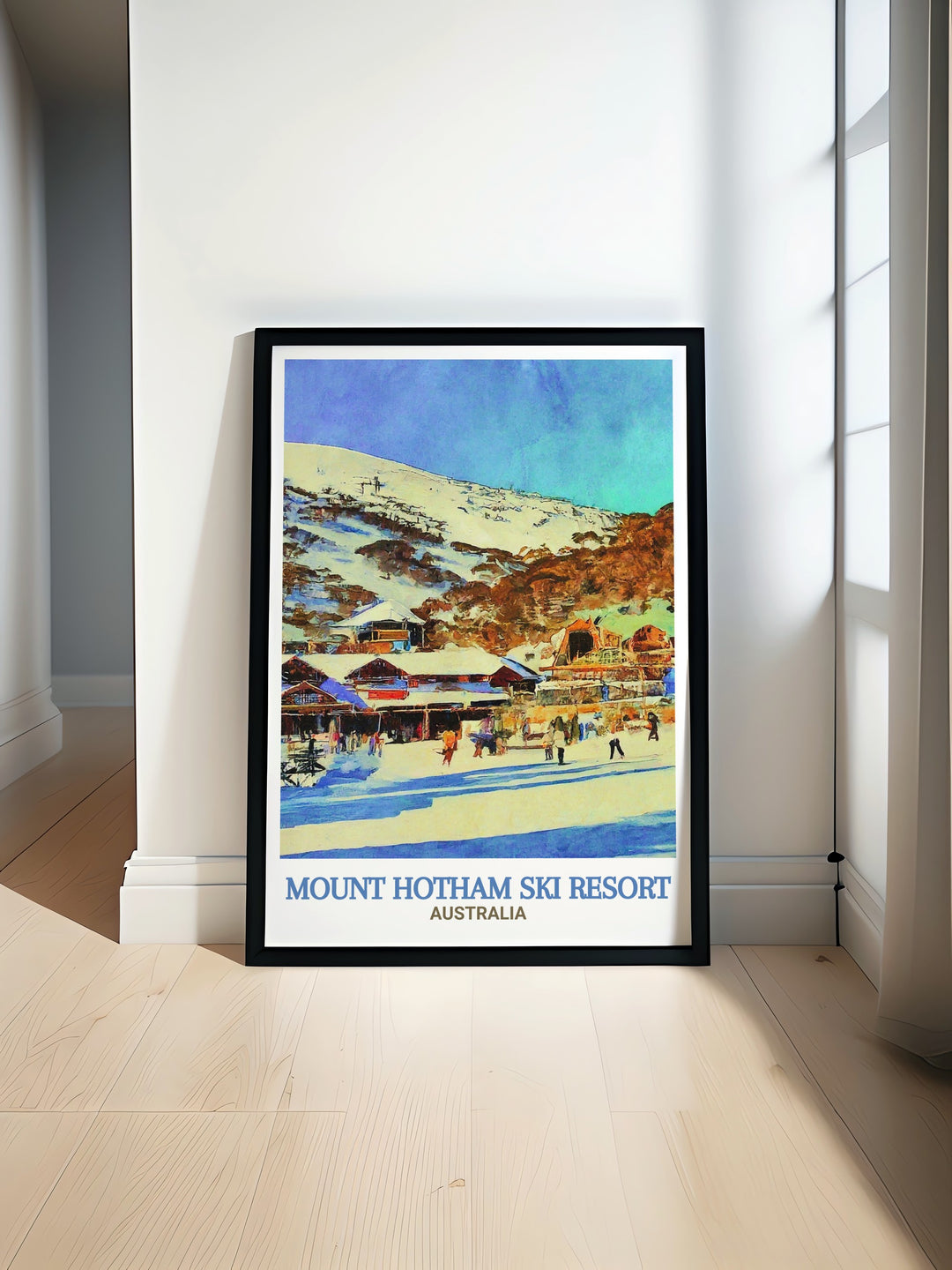 This Mount Hotham print captures the excitement and beauty of one of Australias top ski resorts. The poster features the vibrant Hotham Alpine Village set against the majestic backdrop of the Great Dividing Range.