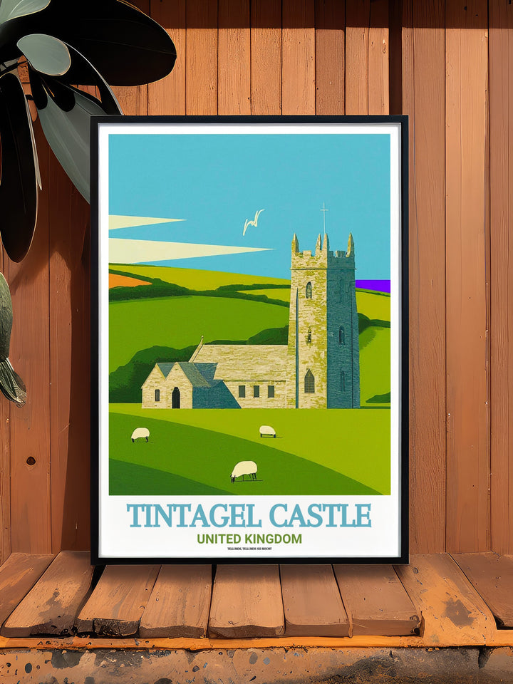 A Cornwall Canvas Art print of Tintagel Castle with the serene St. Materianas Church nearby. This striking image brings together the mythic ruins and the pastoral landscape, creating a perfect homage to Cornwalls rich history and natural beauty.