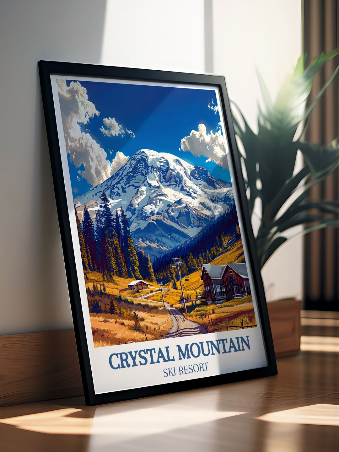 An artistic print featuring the scenic beauty of Crystal Mountain Ski Resort and the majestic peaks of Mount Rainier, perfect for those who love winter sports and mountain landscapes.