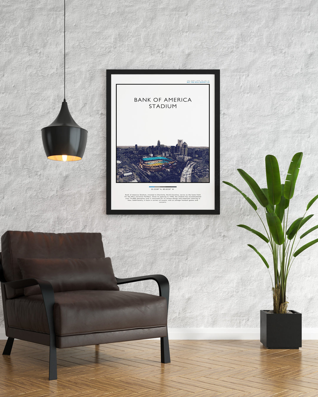 Elegant Carolina Panthers wall art featuring a minimalist design of the stadium ideal for adding a touch of sophistication to your sports bedroom art collection or as a fan gift poster.