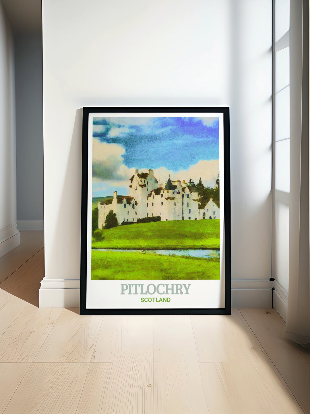 Pitlochry art print capturing the charm of this Scottish town, with views of Blair Castle and the rolling Highlands. This home print is a wonderful way to bring a touch of the Scottish countryside into your living space, ideal for nature lovers and history buffs.