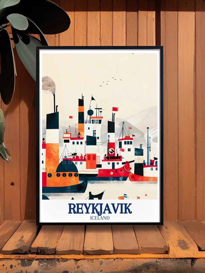 Reykjavik travel poster highlighting the mix of old world charm and modern energy in Icelands capital city. This wall art is perfect for those who appreciate Nordic culture and the beauty of urban landscapes.