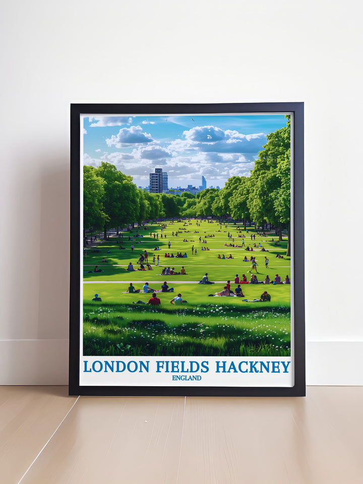 This detailed travel poster of London Fields and Hackney illustrates the unique beauty of East London, from serene green spaces to lively markets, ideal for any culture lovers collection.