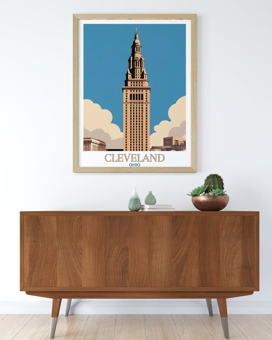 Cleveland Travel Print combines the architectural beauty of the Terminal Tower with the dynamic layout of Clevelands streets. This artwork is perfect for those who love to celebrate Clevelands urban landscape and rich history.