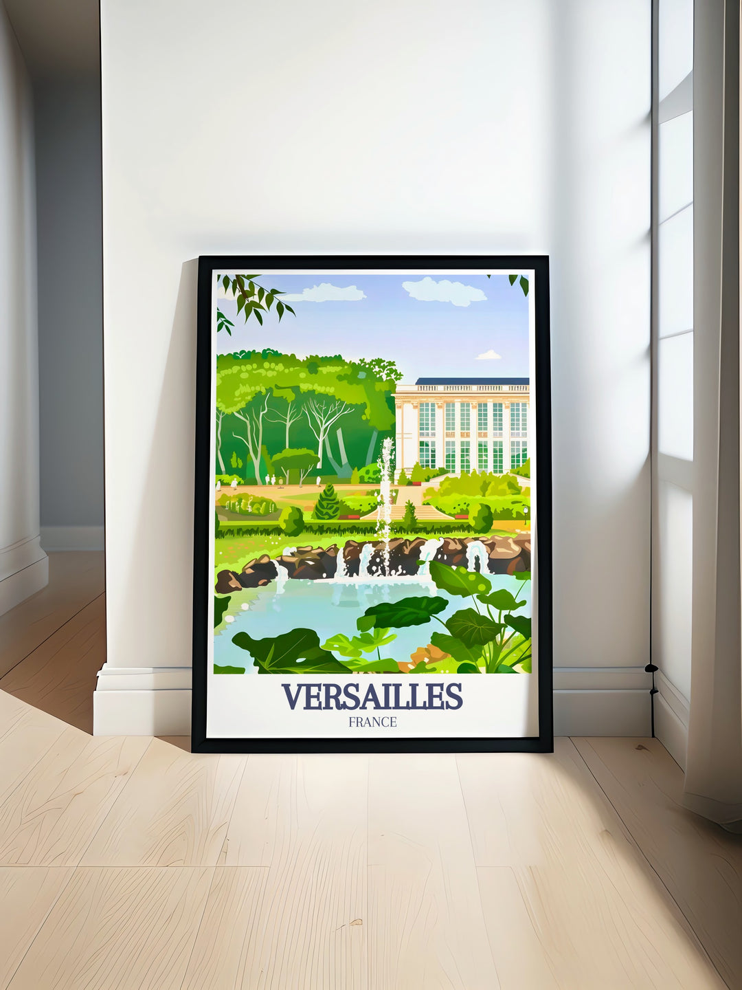 Versailles Travel Print offering a detailed view of the palaces elegant design and rich history. Ideal for guest rooms, Airbnbs, or homes looking to infuse some French sophistication into their walls. A stunning gift idea for art and travel lovers.