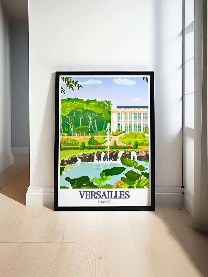 Versailles Travel Print offering a detailed view of the palaces elegant design and rich history. Ideal for guest rooms, Airbnbs, or homes looking to infuse some French sophistication into their walls. A stunning gift idea for art and travel lovers.