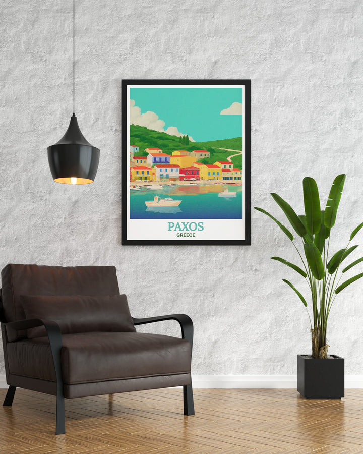 Gaios stunning prints from Paxos island are perfect for decorating any room with the charm of Greece ideal for travel gifts or personal collections this Greece travel print captures the beauty of the Mediterranean in a modern and elegant way