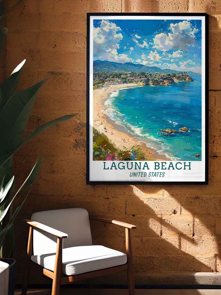 Elegant Main Beach Framed Prints for Laguna Beach Decor offers a modern touch to any room enhancing the ambiance with its vibrant colors and detailed design.