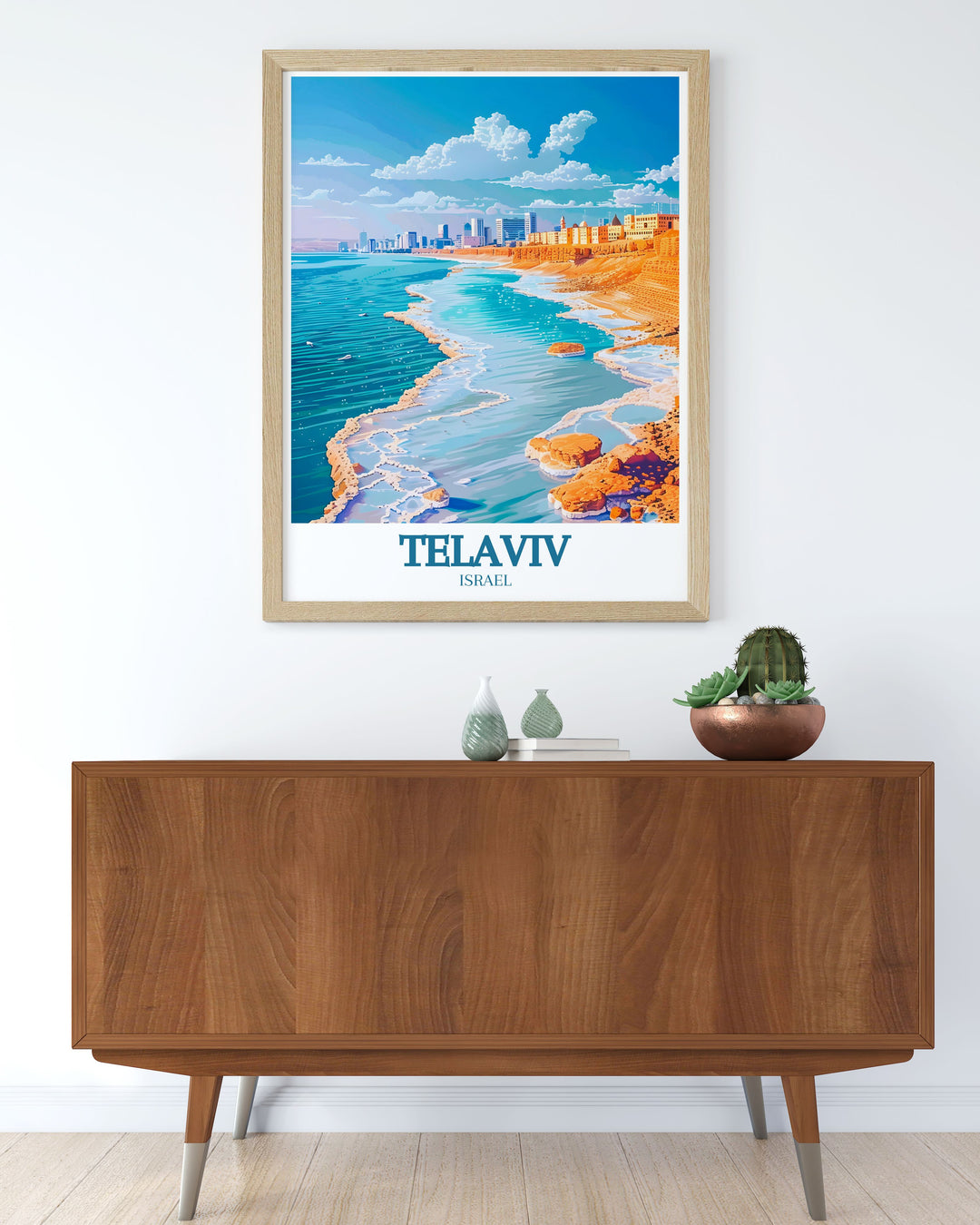 The dynamic energy of Tel Avivs bustling streets and iconic skyline is highlighted in this travel poster. Ideal for urban enthusiasts, this piece captures the lively spirit of the city.