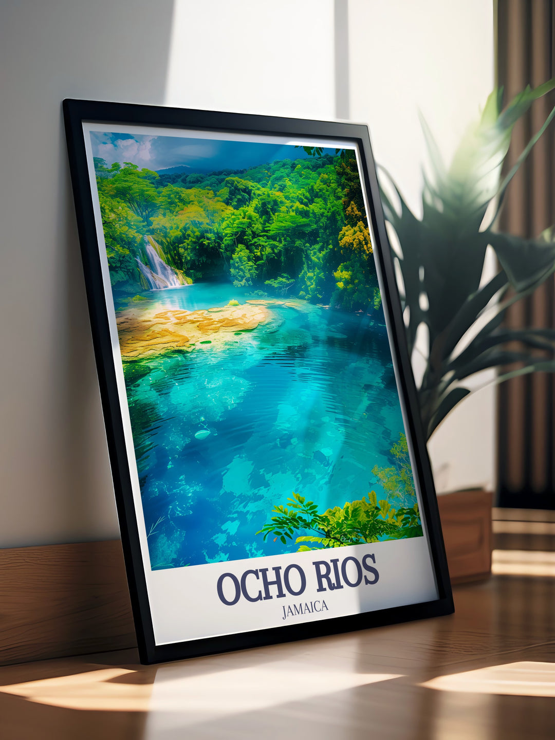 Elevate your interior décor with this canvas print of the Blue Hole, a hidden gem in Ocho Rios. The detailed portrayal of the Jamaican rainforests vibrant foliage and tranquil waters makes this wall poster an exquisite piece for any space, offering a taste of the Caribbeans natural beauty.