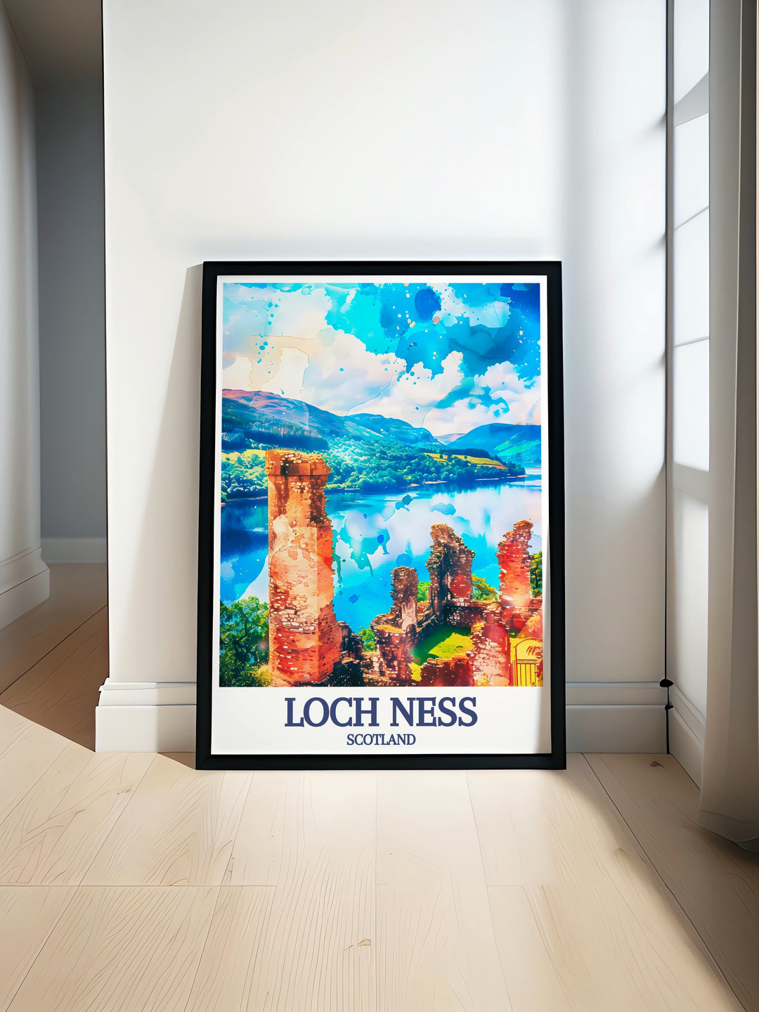 Loch Ness Urquhart Castle wall art showcasing the beauty of Scotland. This stunning print captures the iconic Loch Ness with the historic Urquhart Castle in the background. Perfect for home decor and nature lovers who appreciate Scottish landscapes.