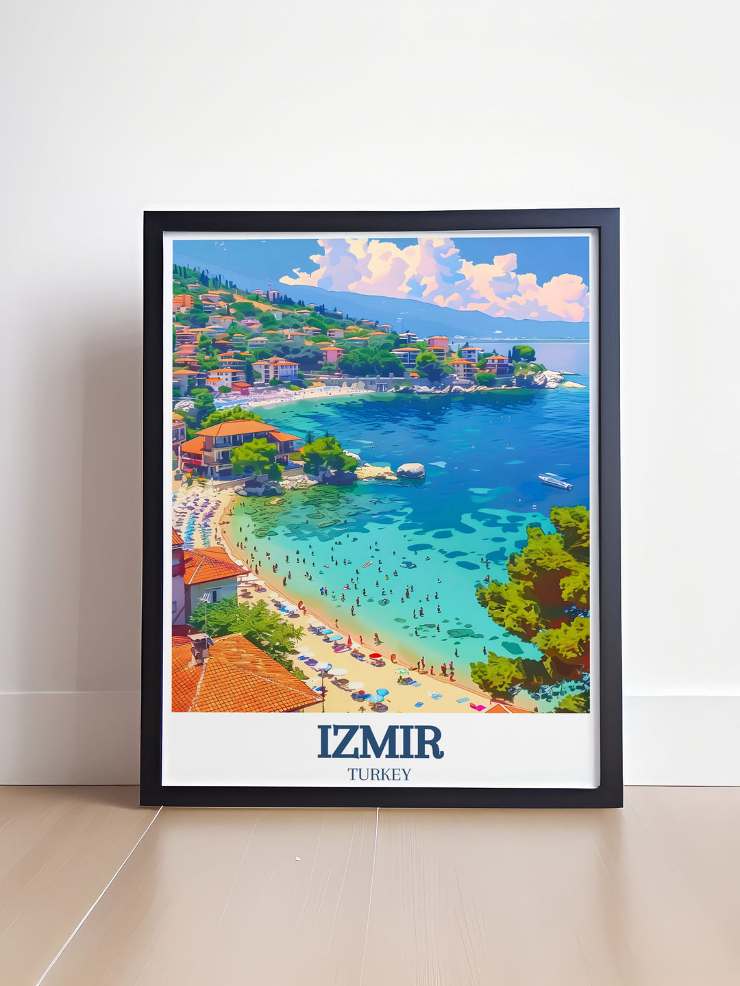 This stunning Izmir poster print brings the vibrant energy of Turkeys coastal city to your walls. The artwork also features the serene Akkum Beach and the captivating Atlantis Peninsula, creating a travel print that captures the beauty of Turkeys diverse landscapes. Perfect for any home or office.