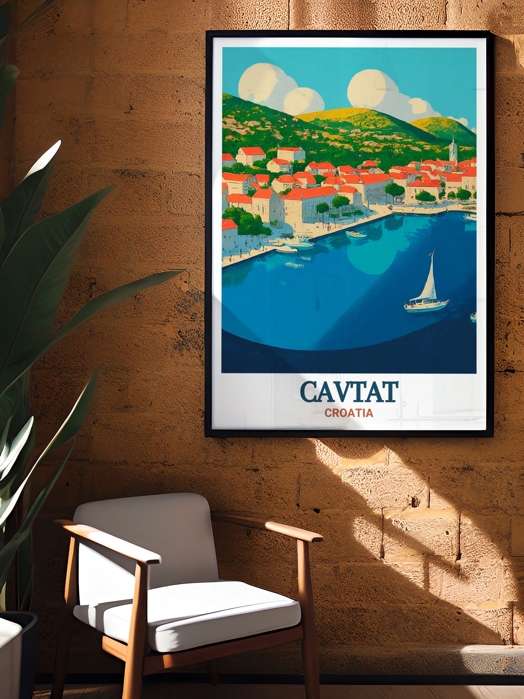 This Cavtat Harbor canvas print captures the calm waters and charming streets of one of Croatias most beautiful coastal towns, ideal for creating a relaxing atmosphere in your home.