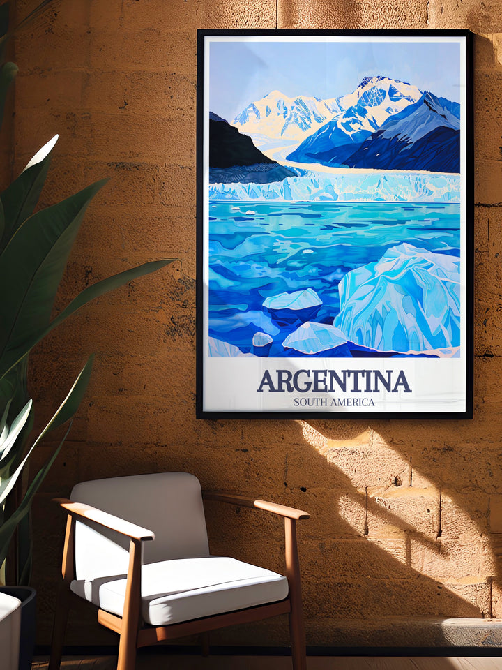 Argentina decor featuring a captivating Perito Moreno Glacier, Los Glaciares National Park poster. This artwork captures the serene and powerful beauty of the glacier, making it a great addition to any home or office decor.