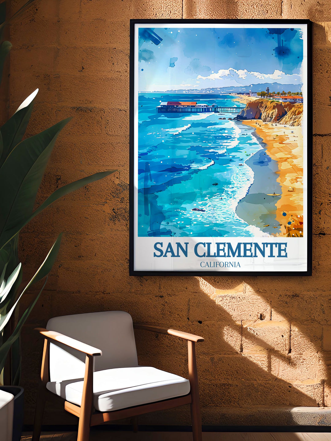 Art Print of San Clemente showcasing the vibrant Railfanning train San Clemente pier. Perfect for those who appreciate modern prints and stunning living room decor this piece adds a touch of sophistication to any room.