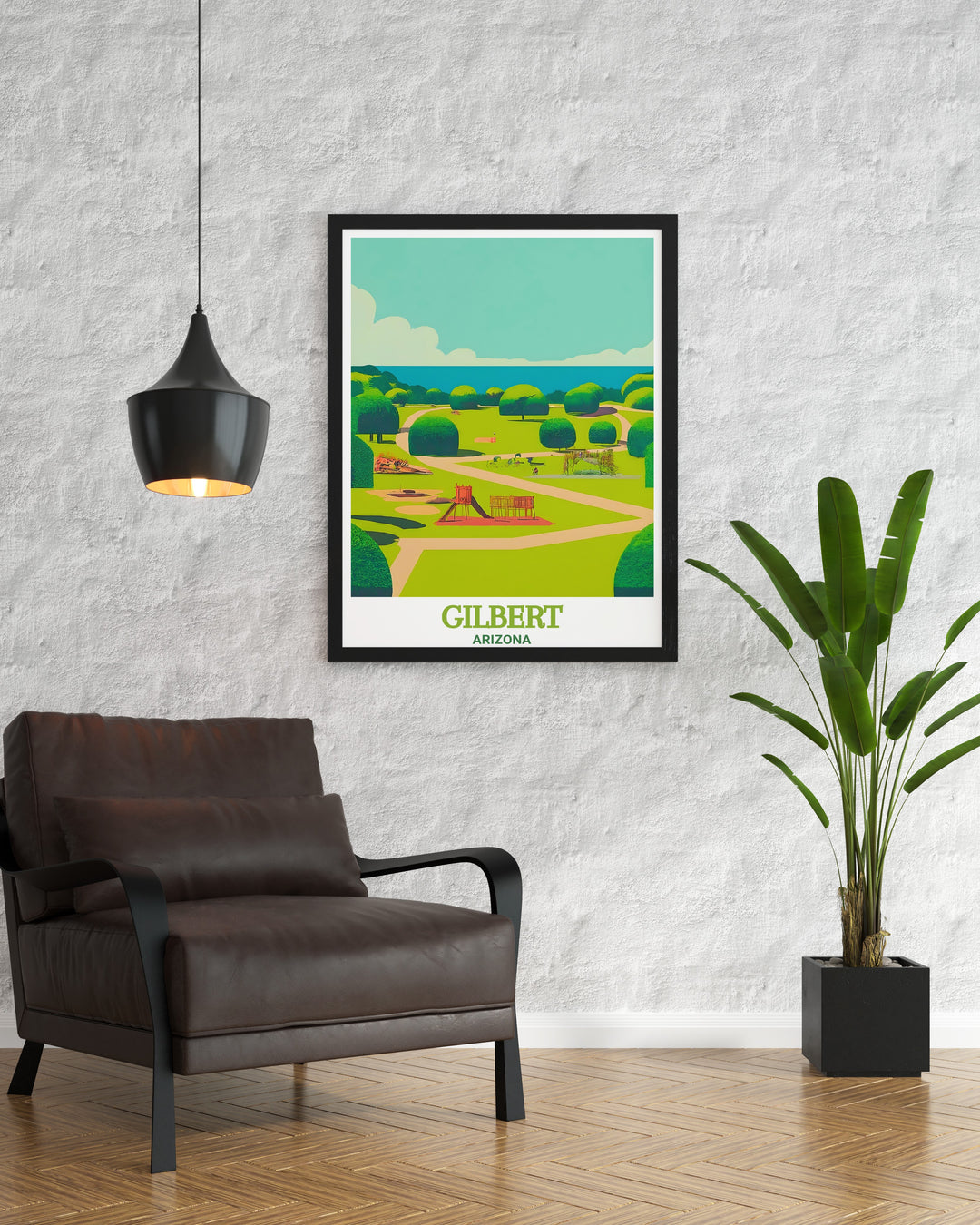 This Arizona travel print highlights Freestone Park in Gilbert, offering a modern and artistic view of the parks serene atmosphere. As a wall art piece or gift, this Arizona poster brings the beauty of nature into your home, combining artistic design with a love for the outdoors.