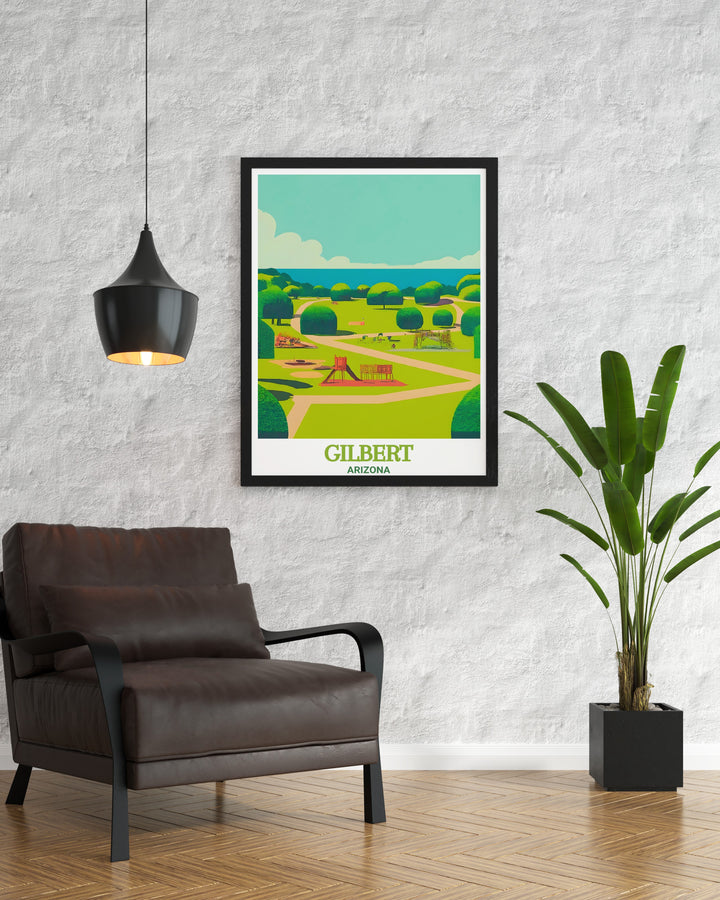 This Arizona travel print highlights Freestone Park in Gilbert, offering a modern and artistic view of the parks serene atmosphere. As a wall art piece or gift, this Arizona poster brings the beauty of nature into your home, combining artistic design with a love for the outdoors.