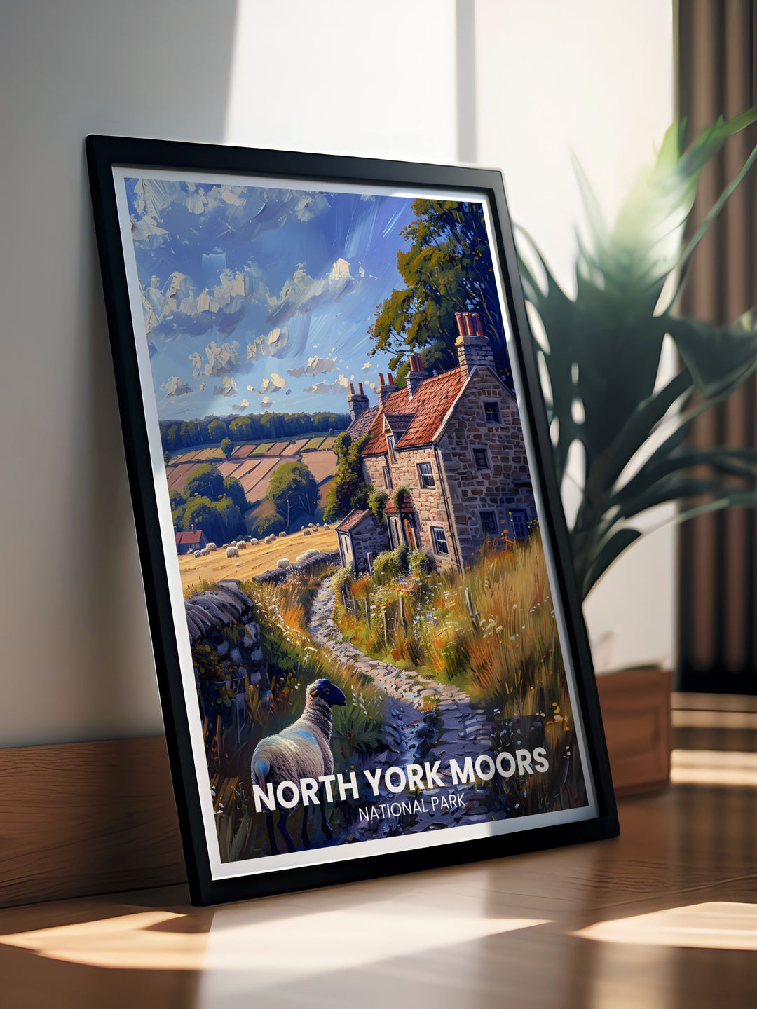This art print beautifully depicts Goathland Village in North Yorkshire, capturing the timeless charm of its historic buildings and tranquil countryside, ideal for those who love scenic and cultural art.