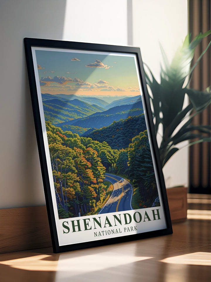 This retro style travel poster of Shenandoah National Park captures the timeless beauty of Skyline Drive. The winding road, surrounded by the Appalachian wilderness, makes this artwork a must have for anyone who appreciates the serene landscapes of Virginia.