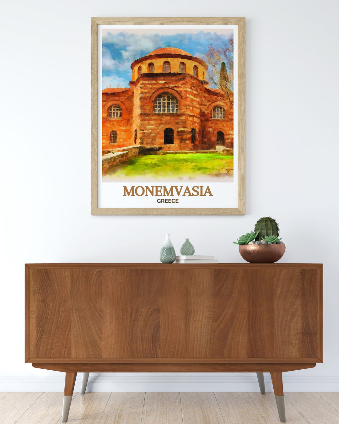 Greece Travel Poster capturing the enchanting atmosphere of Monemvasia, where history and natural beauty converge in a spectacular setting. This poster is perfect for those who dream of exploring Greeces hidden treasures and iconic landmarks.