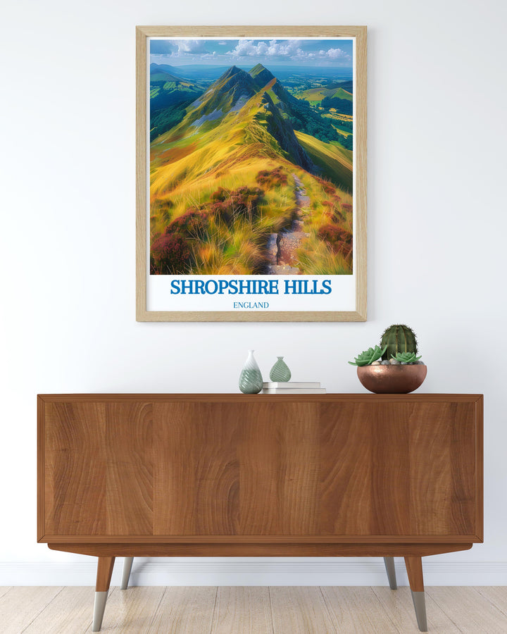 Ludlow Castle Framed Prints paired with Shropshire Hills Poster bring a touch of elegance and history to any room offering a timeless depiction of this picturesque region in a retro travel style that complements any decor from traditional to contemporary.