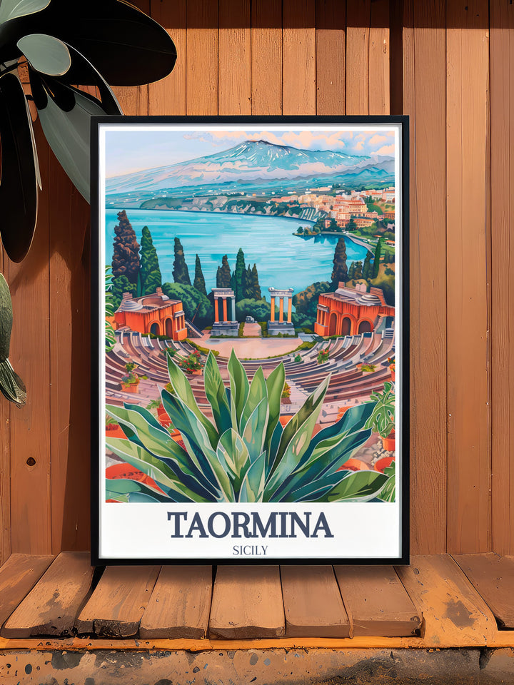 Elegant Taormina art print featuring the Ancient Theatre of Taormina and Isola Bella. Perfect for enhancing any home with a touch of Italys scenic beauty.