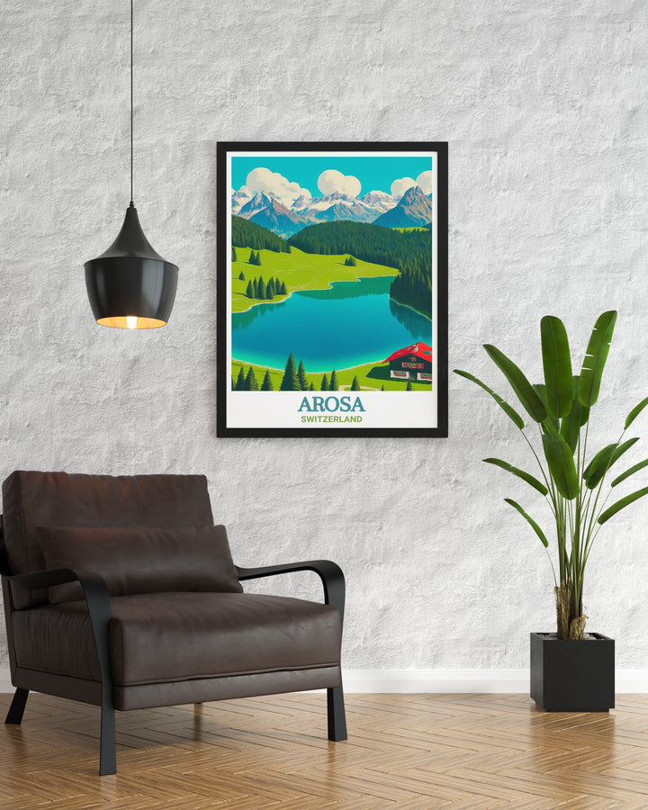 Switzerland Wall Decor bringing the beauty and tranquility of the Swiss Alps into your home, featuring landmarks like Arosa and Obersee Lake. The artwork is perfect for those who love the mountains and want to create a peaceful yet inspiring environment