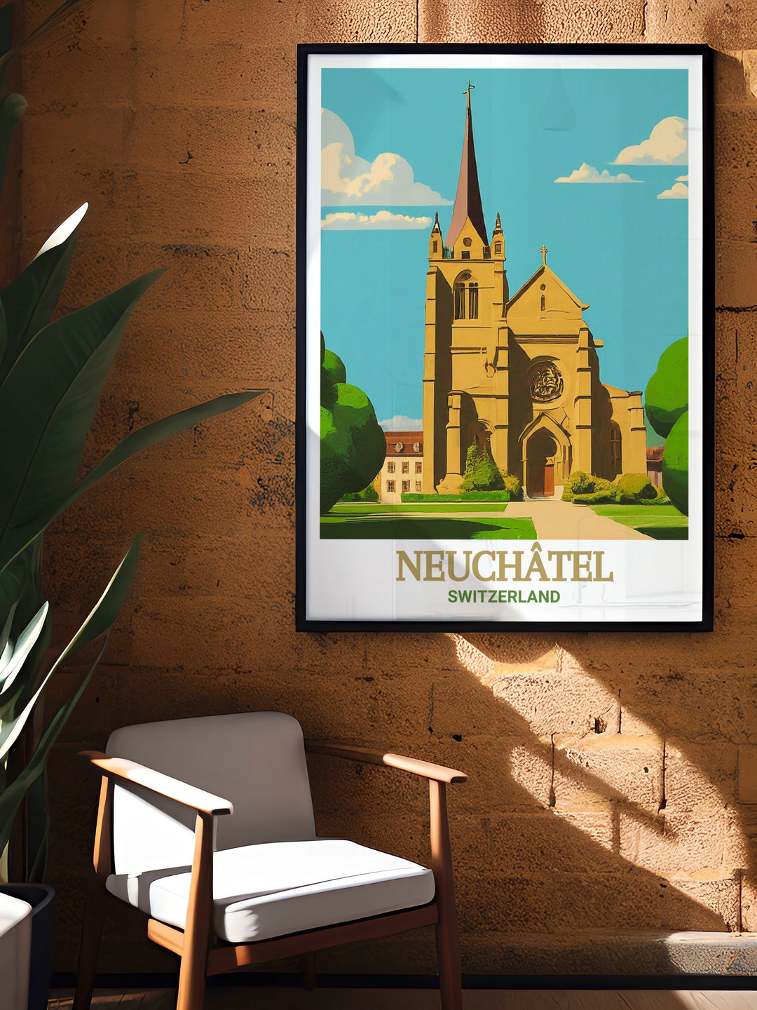 Stunning living room decor featuring Lake Neuchatel and La Collegiale Church. This France travel poster is perfect for those seeking to add a touch of French elegance to their home. Modern and stylish, it offers a calming presence in any setting.