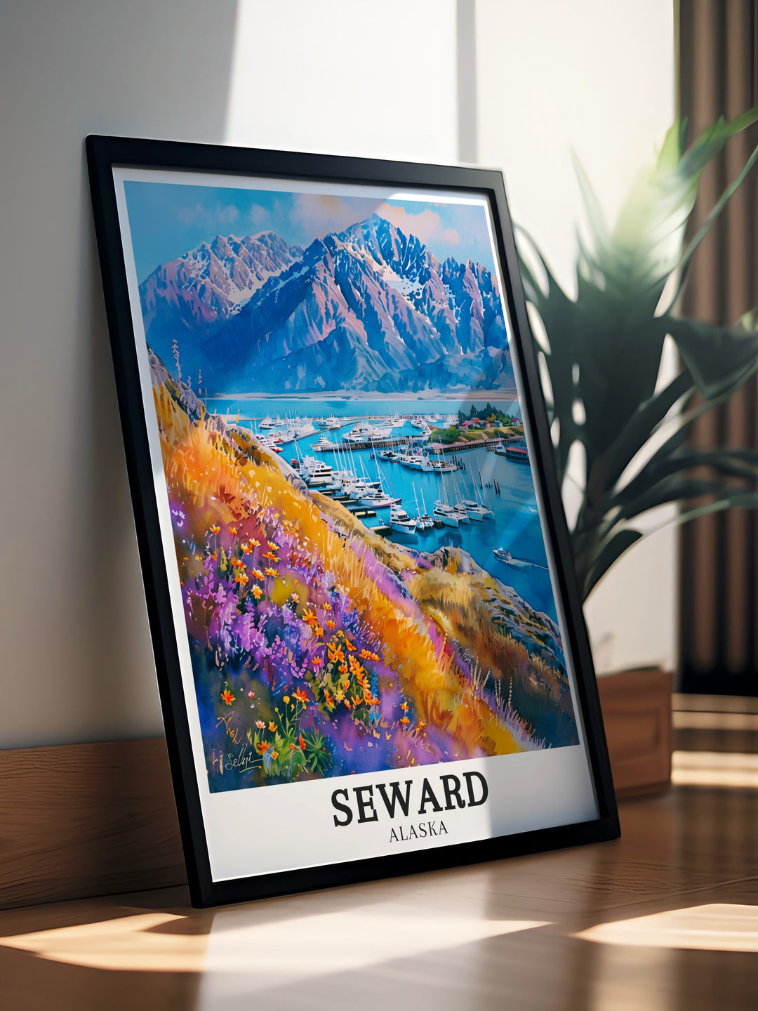 Vibrant Seward artwork capturing the grandeur of the Kenai Mountains and the activity of Seward Harbor. The detailed print offers a glimpse into the heart of Alaskas coastal beauty, perfect for adding a touch of adventure to your home