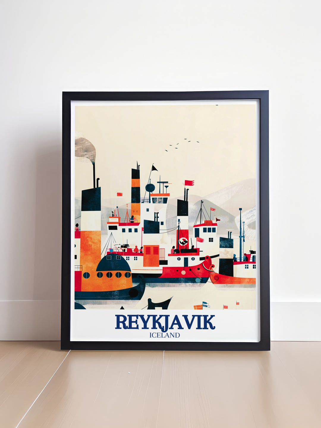 Tjörnin Lake wall art capturing the serene beauty of one of Reykjaviks most beloved spots, where nature and city life coexist in perfect harmony. This framed print adds a calming influence to any living space.