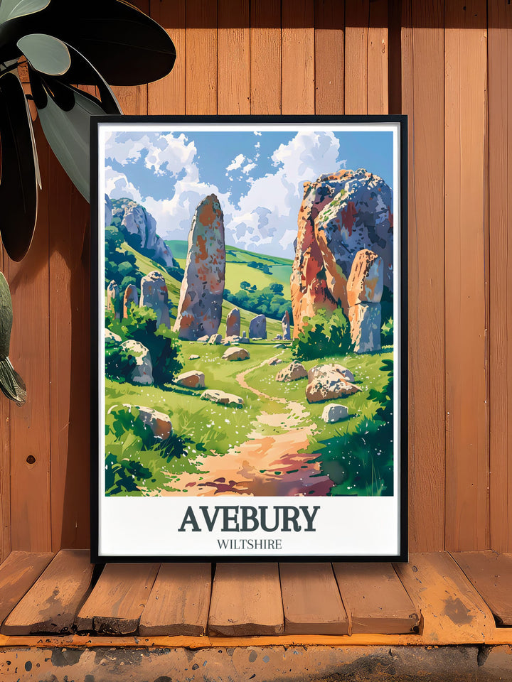 The enigmatic Avebury Stone Circle, with its prehistoric stones and charming village, is depicted in this detailed illustration, offering a glimpse into Englands ancient past.