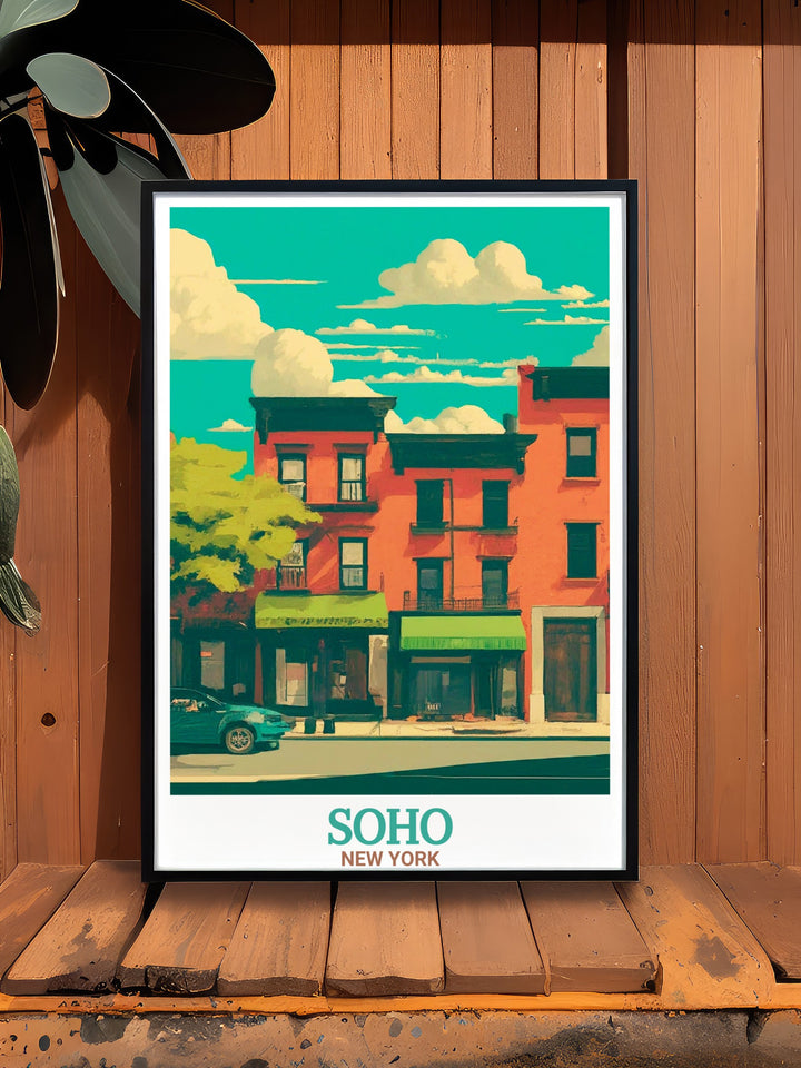 Capturing the cultural and architectural landmarks of Soho, this poster print features Green Streets iconic buildings alongside the world famous London Palladium. This travel poster is perfect for those who appreciate the history of Londons theatre district and want to bring a piece of the city into their home.