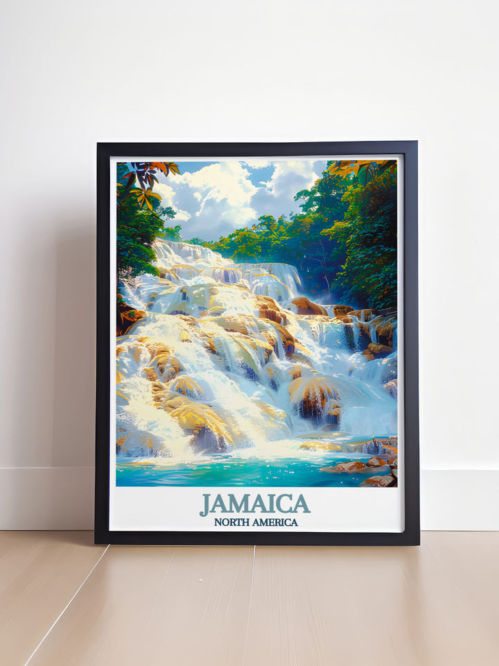 The vibrant colors and detailed scenery of Dunns River Falls are beautifully captured in this poster, celebrating the natural wonders of Jamaica.