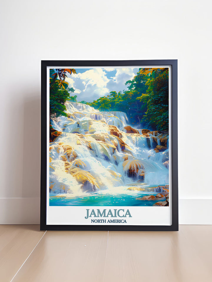 This Jamaica canvas art highlights the famous Dunns River Falls, a stunning natural attraction on the island. Perfect for anyone who loves tropical getaways or beautiful landscapes, this travel print is an excellent addition to any home or office space.