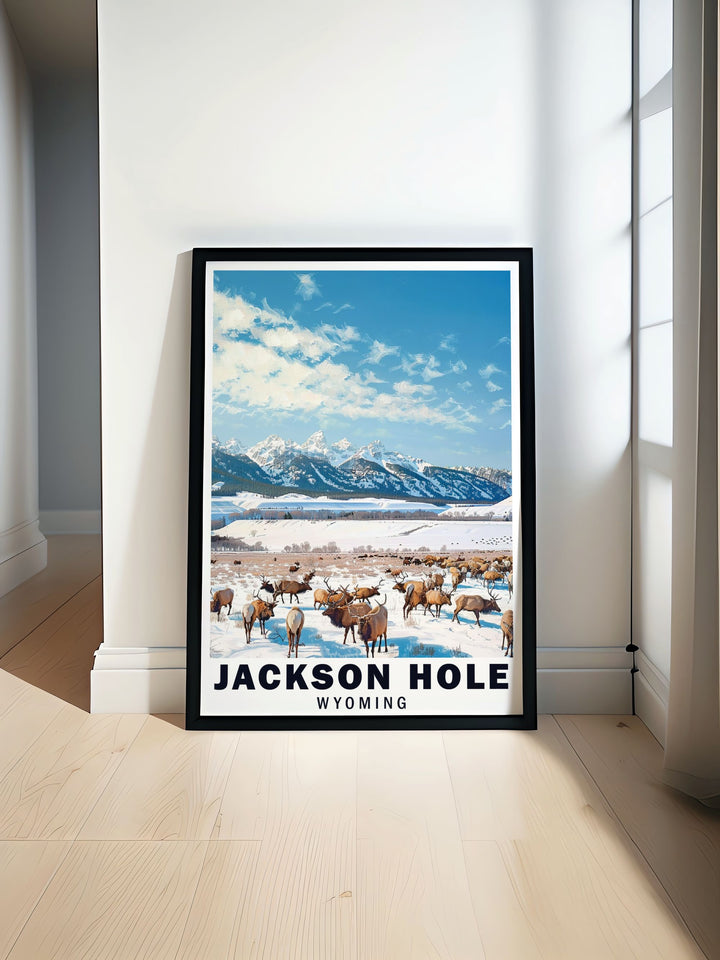 This travel poster captures the essence of Jackson Hole and the National Elk Refuge, showcasing the stunning Wyoming landscapes and abundant wildlife.