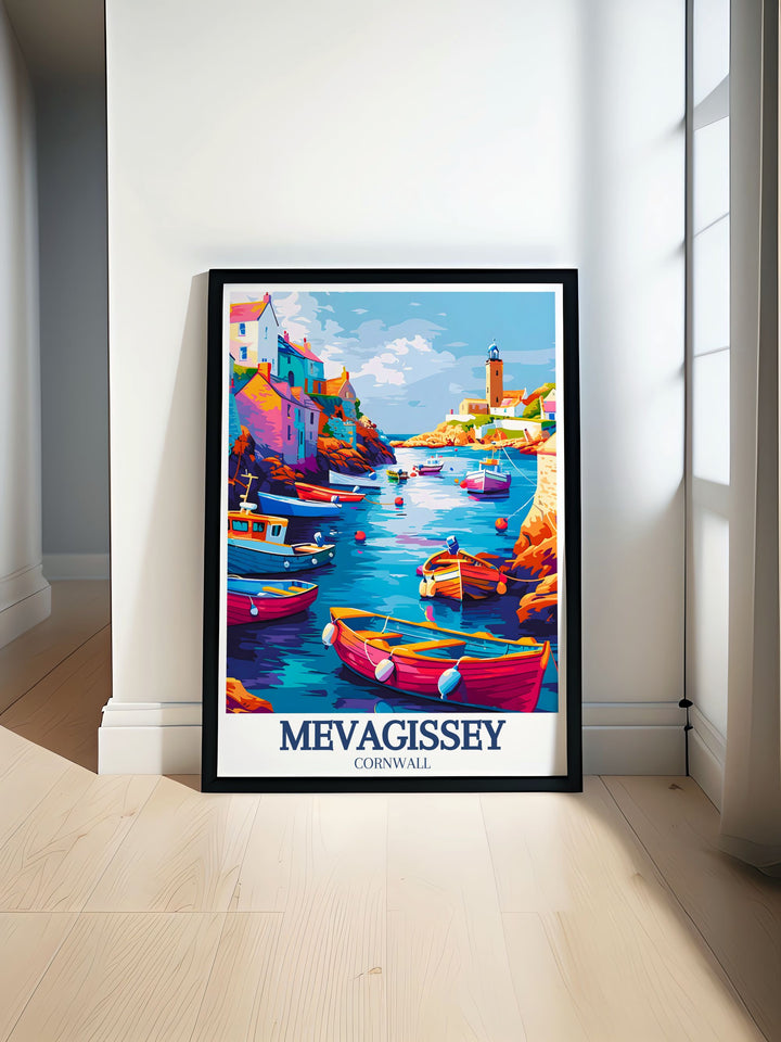 Immerse yourself in the charm of Mevagissey, a picturesque fishing village in Cornwall. This travel poster beautifully captures the towns scenic harbor, narrow streets, and colorful cottages, perfect for those who love coastal towns and charming villages.