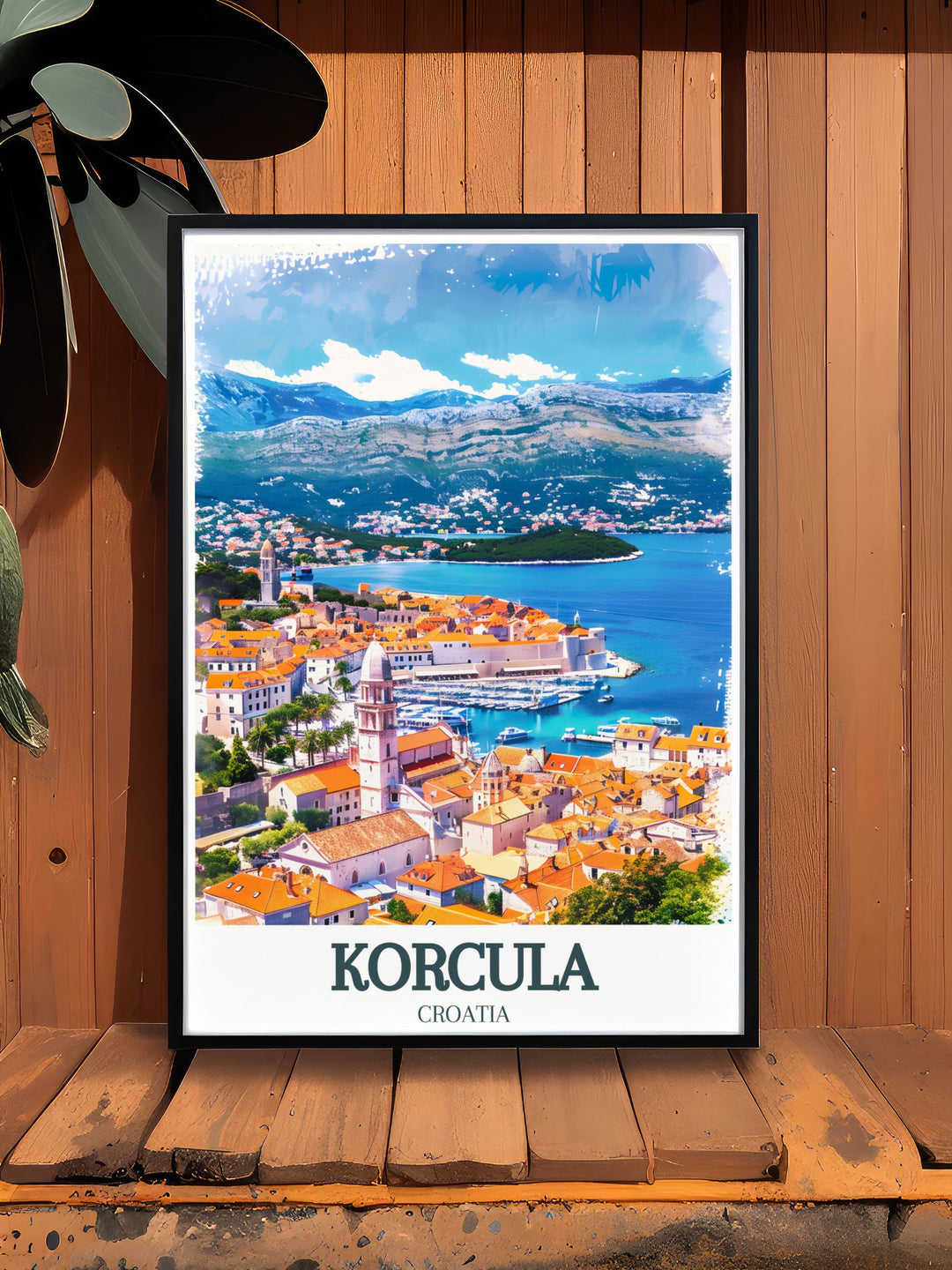 Korcula travel art showcasing St. Marks Cathedral and Adriatic Sea is a stunning representation of Croatias rich history and natural beauty. Perfect for decorating your home or giving as a unique travel gift for those who love European destinations.