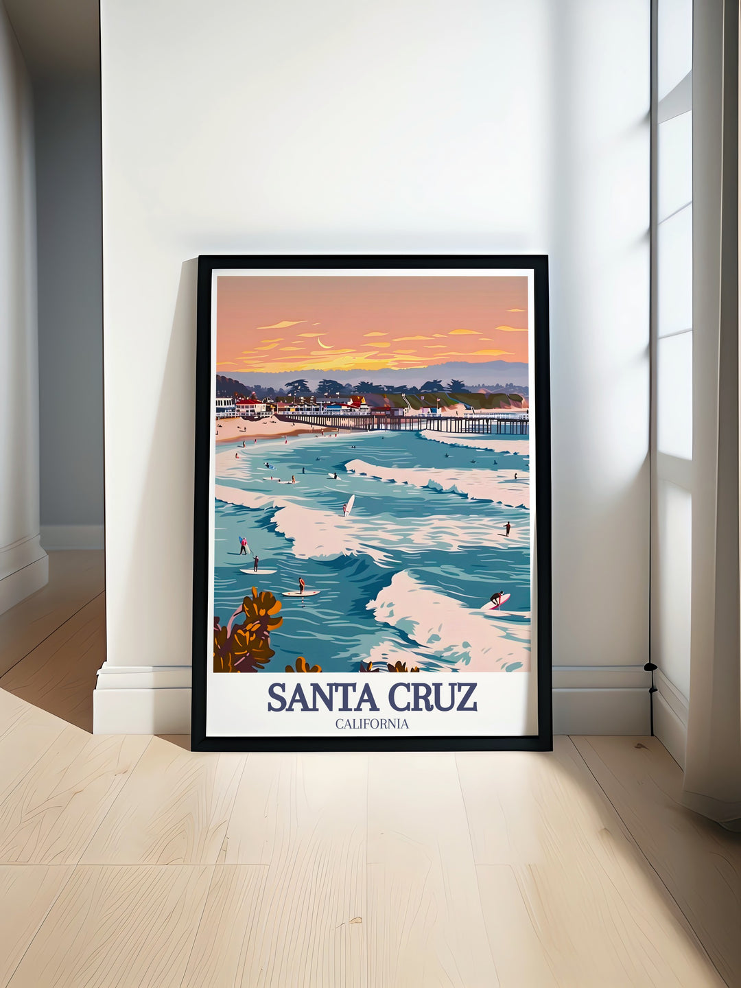 Santa Cruz Beach Boardwalk and Santa Cruz Wharf modern prints showcasing vibrant coastal scenes perfect for California travel enthusiasts and lovers of California artwork ideal for elegant home decor or thoughtful California gifts featuring stunning Santa Cruz views.