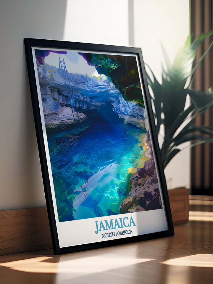 Highlighting the clear waters and lush vegetation of the Blue Hole Mineral Spring, this travel poster is ideal for adding a touch of Jamaicas charm to your home.