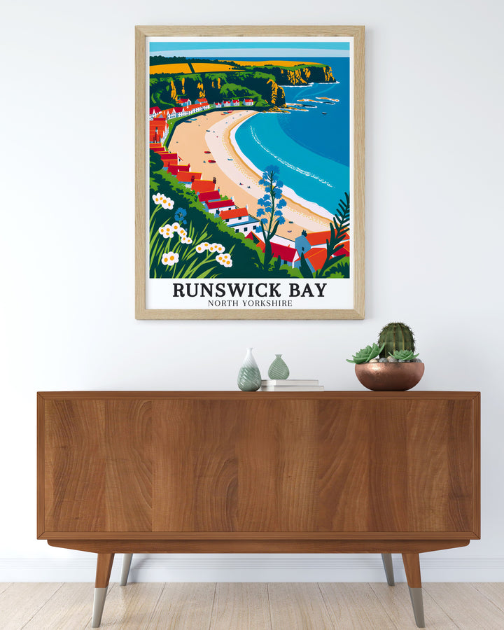 Runswick Bay print along the Cleveland Way Runswick showcasing the charm of North Yorkshire a stunning piece of modern art perfect for home decor capturing the beauty of the Cleveland Way hike with vibrant colors and intricate details in a vintage travel print style