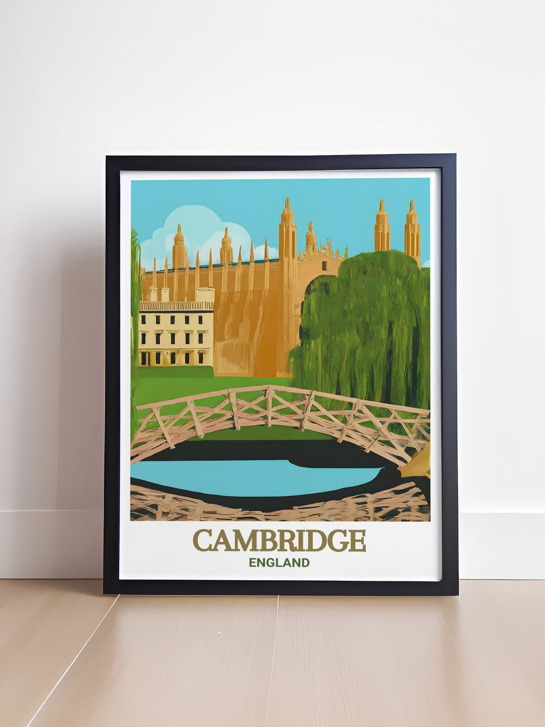 Cambridge Uni architecture print showcasing the stunning Mathematical Bridge and historic Trinity College ideal for vintage travel print enthusiasts and perfect wall decor for any room