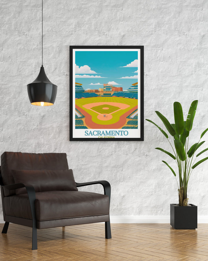 Stunning Sacramento Wall Art showcasing Raley Field in a fine line print style bringing modern elegance and historical pride to your home decor ideal for those who love this vibrant city