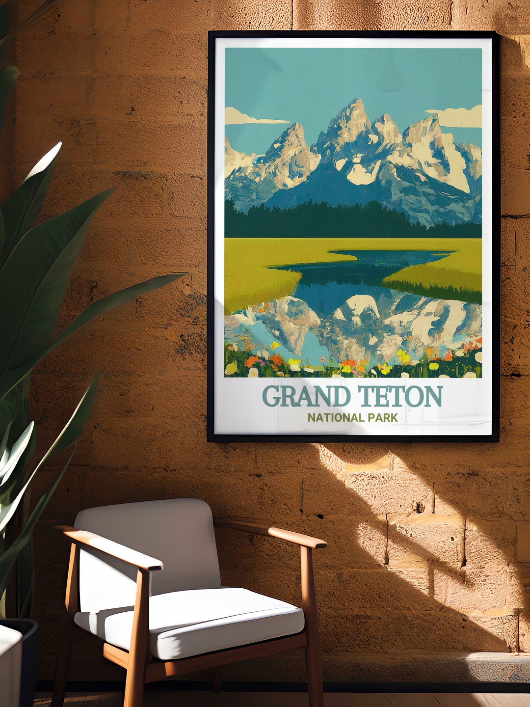 A detailed National Park print showcasing the stunning landscapes of Grand Teton National Park, with its towering mountains and serene wilderness. This print brings the beauty and grandeur of the Tetons into your living space, ideal for those who love outdoor adventures and national parks.