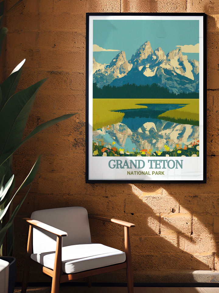 A detailed National Park print showcasing the stunning landscapes of Grand Teton National Park, with its towering mountains and serene wilderness. This print brings the beauty and grandeur of the Tetons into your living space, ideal for those who love outdoor adventures and national parks.