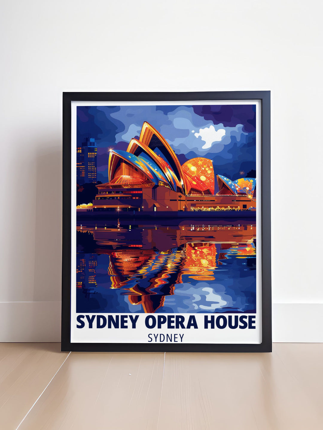 Beautiful illustration of Sydney Opera House and Bondi Beach in a retro travel print style bringing the coastal charm and iconic architecture of Sydney into your living space