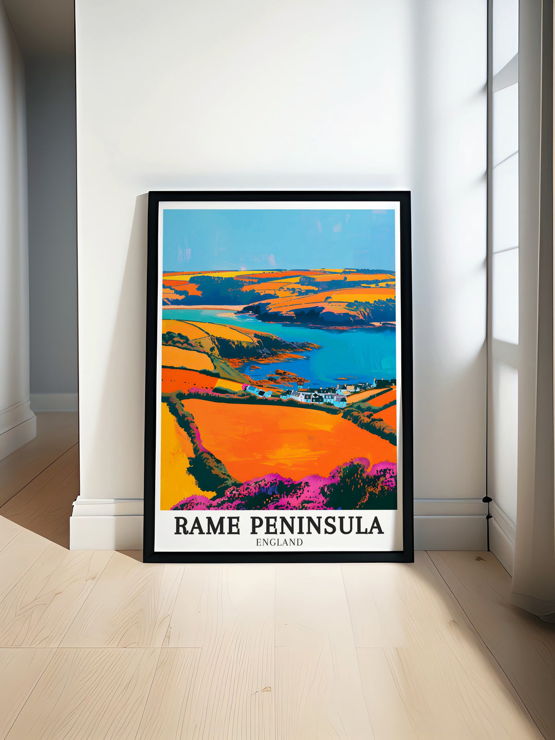 The Rame Peninsula poster print features Rame Head Whitsand Bay showcasing the stunning coastal beauty of Cornwall Ideal for enhancing any living space this artwork adds a touch of Cornwalls natural charm to your home decor or makes a thoughtful gift for Cornwall lovers.