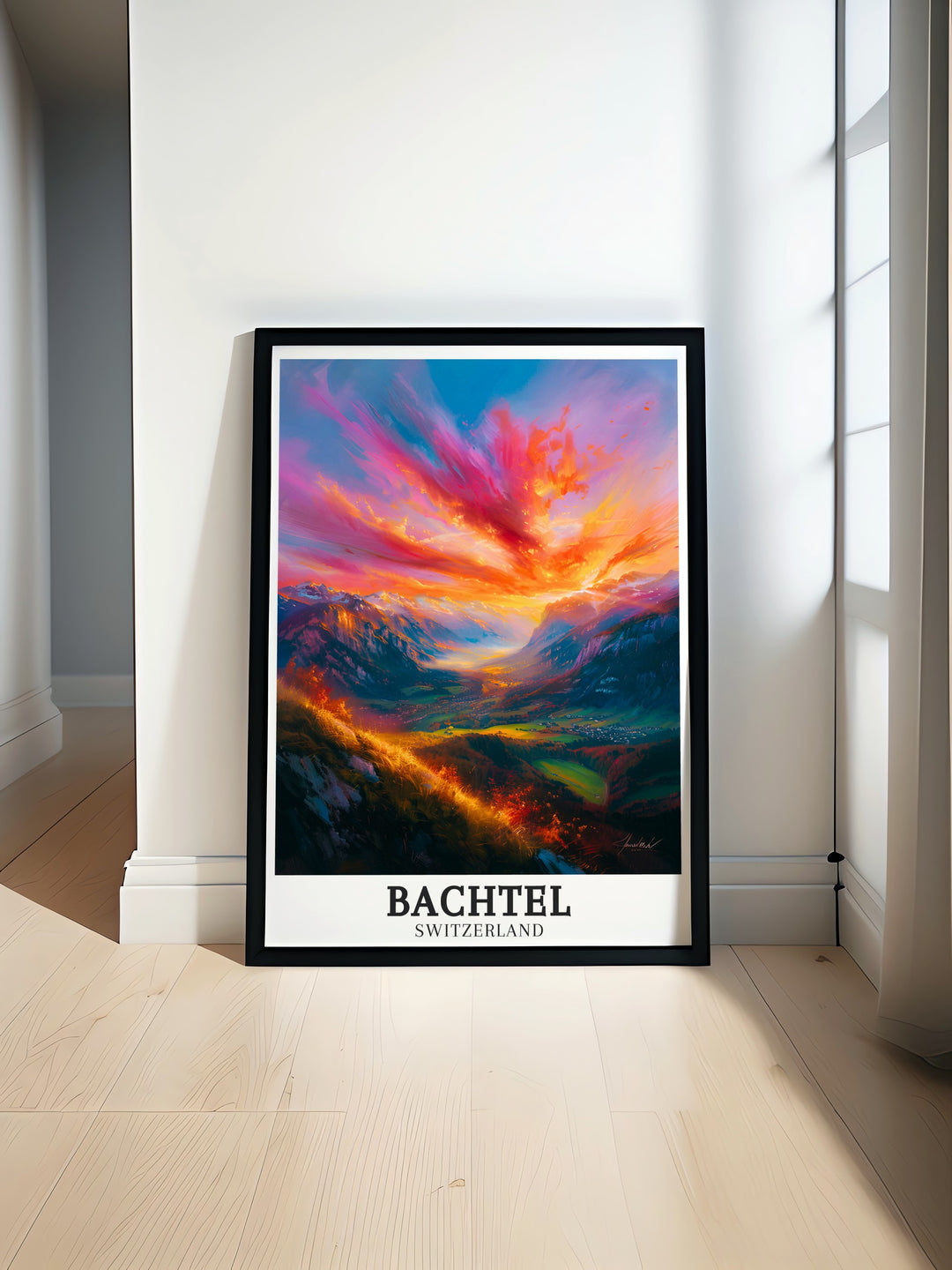 Vivid travel poster of Bachtel in the Swiss Alps, showcasing the stunning views and tranquil beauty of The Bachtel Range. Ideal for enhancing your home decor with a touch of Swiss elegance. Perfect gift for any occasion, adding timeless beauty to any space.