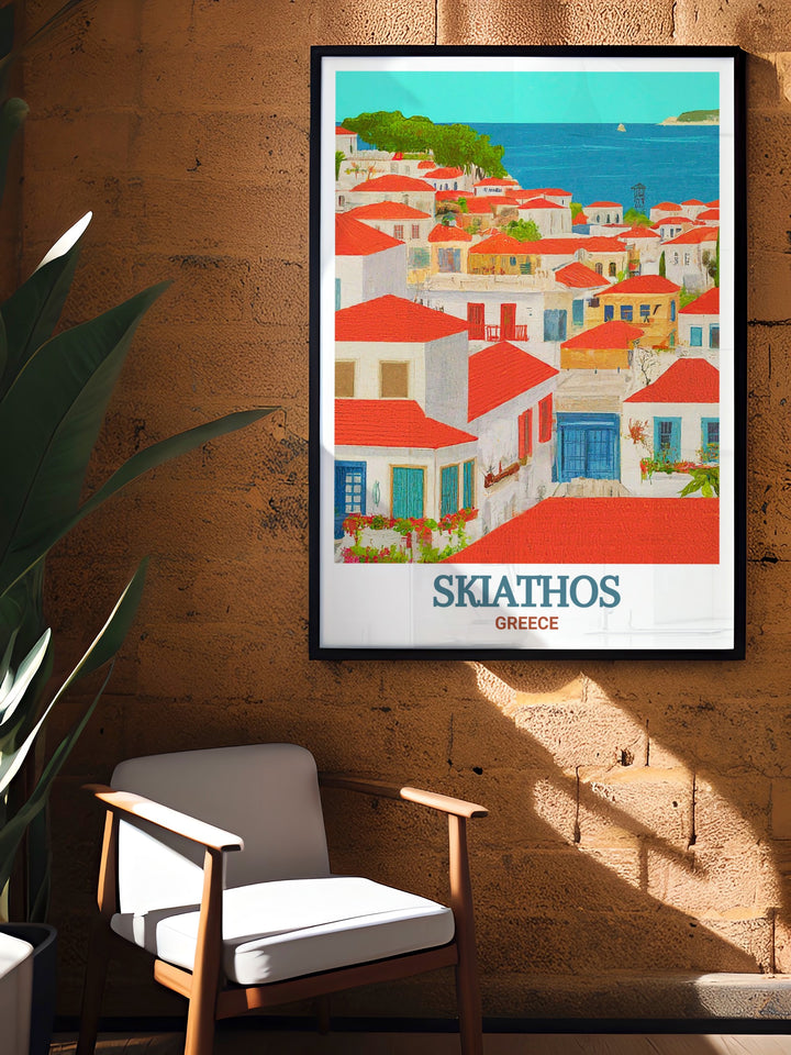 Skiathos Town poster showcasing the picturesque charm of this Greek island destination. This high quality print captures the vibrant streets, traditional architecture, and stunning coastal views, making it a perfect addition to any decor.