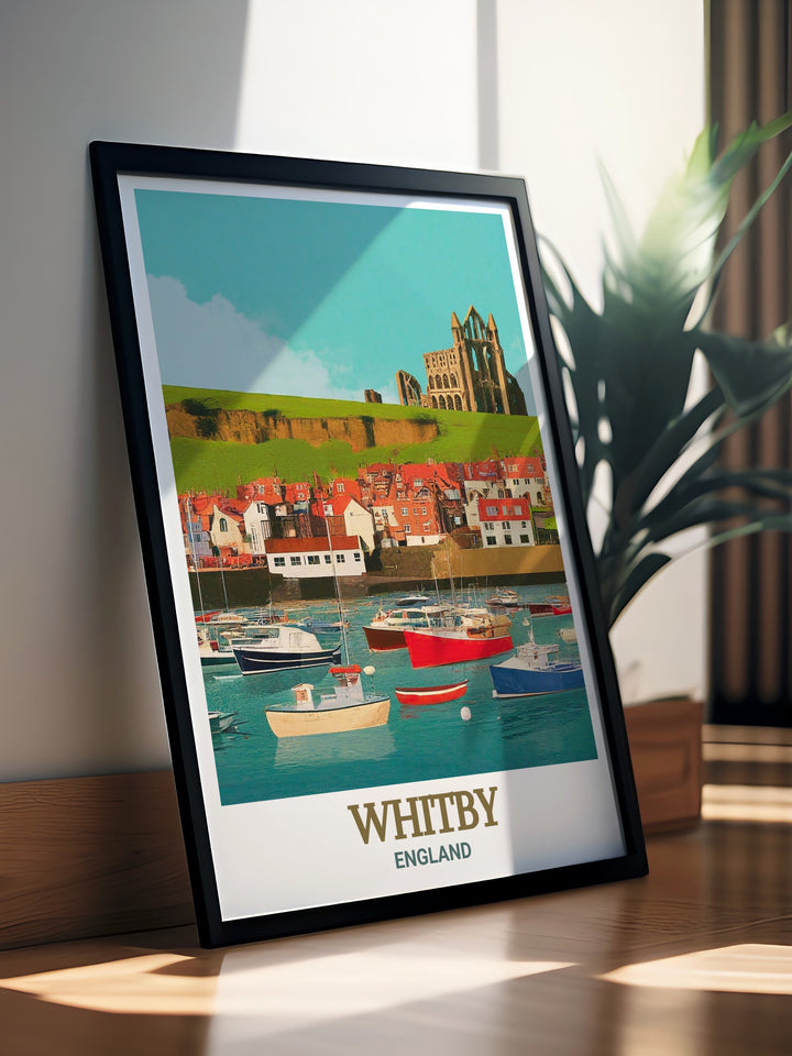 Saltburn Pier and cliff lift poster print, highlighting the Victorian seaside charm of this Yorkshire town. The detailed artwork brings the unique experience of riding the water powered cliff railway into your living space, perfect for those with a love for traditional British coastal towns.