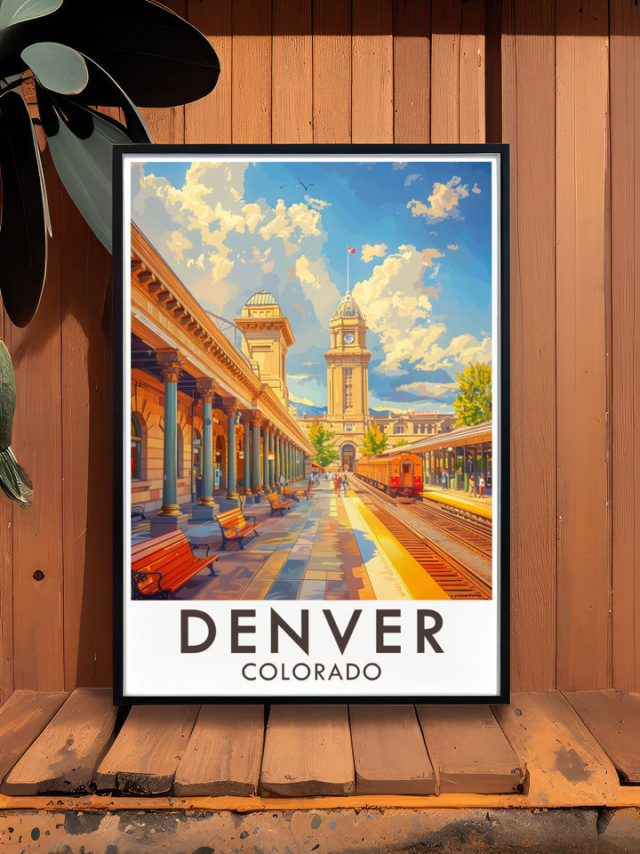 A detailed illustration of Denvers skyline against the Rocky Mountains, capturing the citys vibrant energy and natural beauty, perfect for home or office decor.